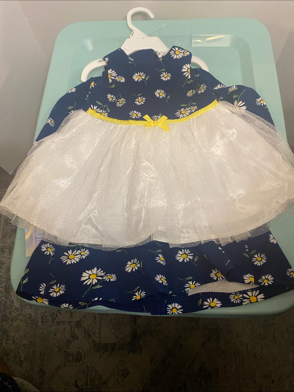 Navy Daisy Tulle Party Dress with Yellow Accent